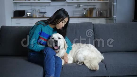 微笑的女人和躺在沙发上的狗坐在一起视频的预览图
