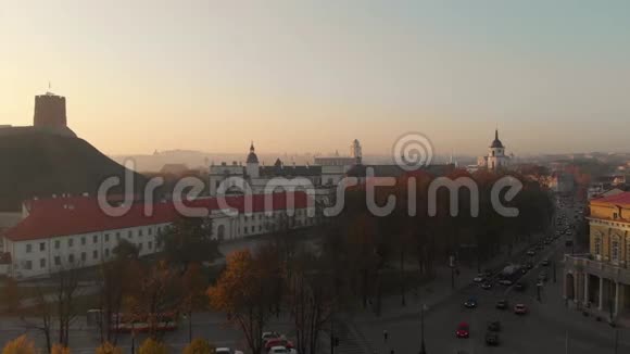 维尔纽斯大教堂和立陶宛国家博物馆的空中晨景视频的预览图