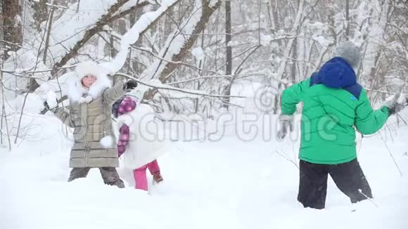 冬季森林快乐的孩子们站在面前玩雪球视频的预览图