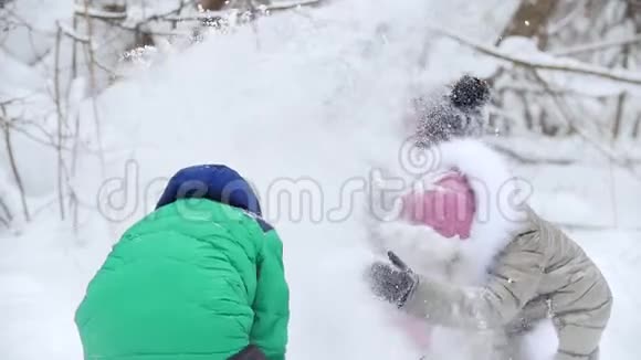 冬季森林孩子们穿着鲜艳的衣服在雪地里玩耍笑容灿烂视频的预览图