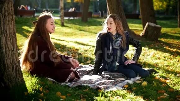 两个女孩坐在公园的毯子上视频的预览图