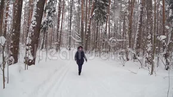 一个年轻的女人微笑在一个引擎盖走过冬天的公园在下雪视频的预览图