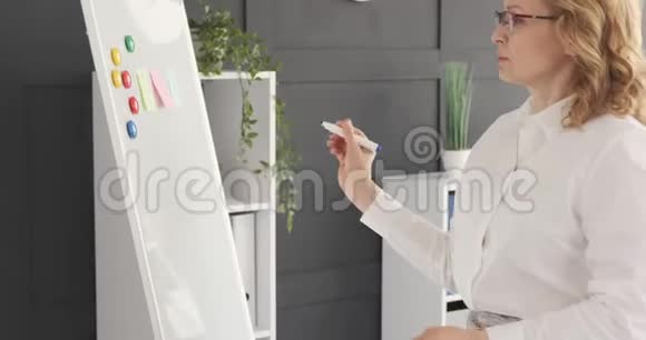 成熟的女商人在白板上写作视频的预览图