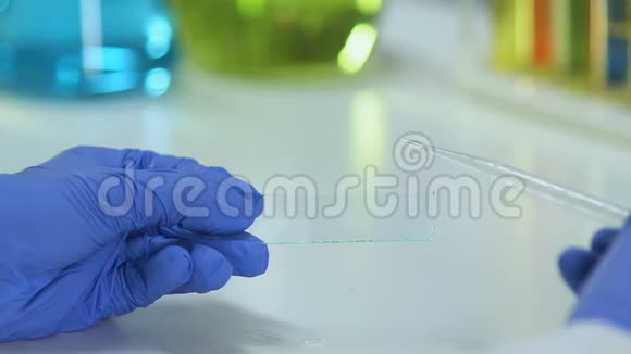 实验室工作人员在玻璃上滴取透明液体样本生化研究视频的预览图