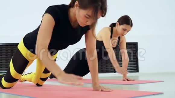 两个女人在健身房做普拉提练习伸展肌肉参加特殊运动垫的女孩视频的预览图