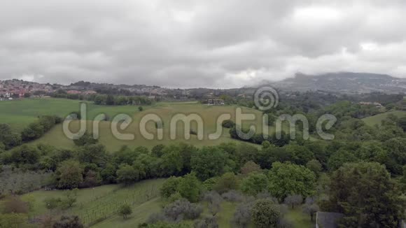 在山丘森林和大片绿色草地上进行无人机鸟瞰视频的预览图