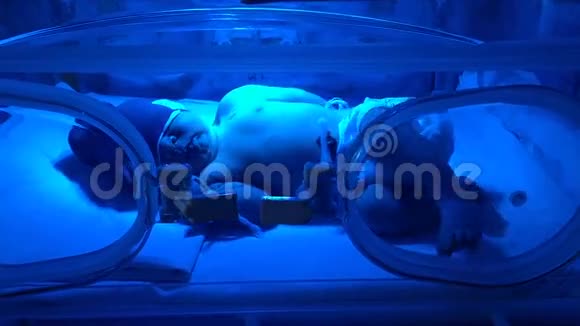 新生儿躺在紫外线灯下的玻璃盒子里视频的预览图