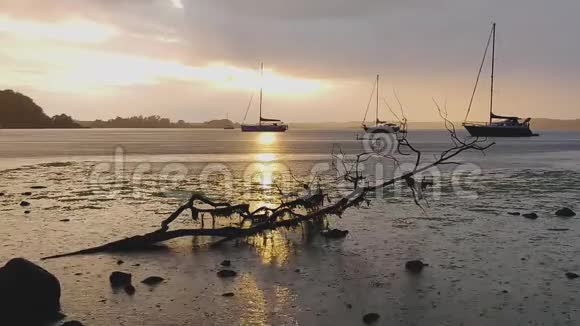 丹麦罗斯基尔德峡湾橙色日落时下雨夏季多云的傍晚视频的预览图