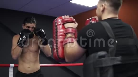与教练一起进行无体力跆拳道训练一个戴着拳击手套用拳击爪子工作的运动员的概念视频的预览图