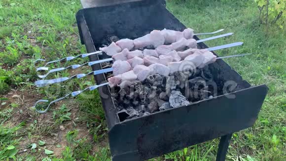 在花园后院的烧烤炉上准备的肉串那里的烟和热视频的预览图
