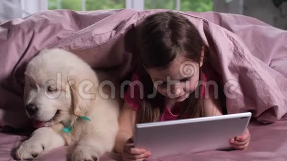 幼儿在床上看动画片和小狗宠物视频的预览图