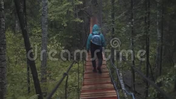 在秋林悬索桥上背着背包穿着蓝色夹克的游客从后面俯瞰股票视频的预览图