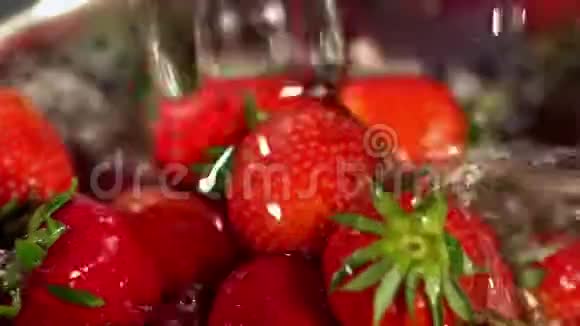 草莓叶子紧贴在水流下视频的预览图