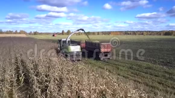 Flycam跟随联合收割机将玉米叶倒入拖车视频的预览图