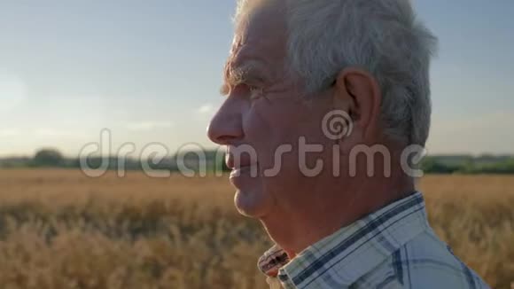 一位在麦田里的老白种人农民的特写肖像视频的预览图