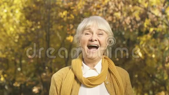 令人兴奋的老妇人投掷黄叶在公园享受秋天的自然视频的预览图