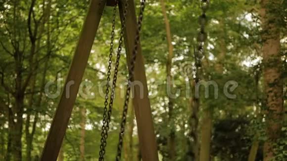 摆动链从一侧慢慢摆动到另一侧背景模糊的森林视频的预览图
