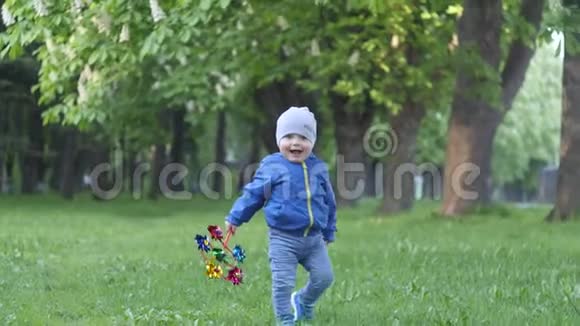 小可爱的小男孩穿着一件蓝色夹克手里拿着一个玩具走到草坪上对着城市公园里的摄像机树上挂着树视频的预览图