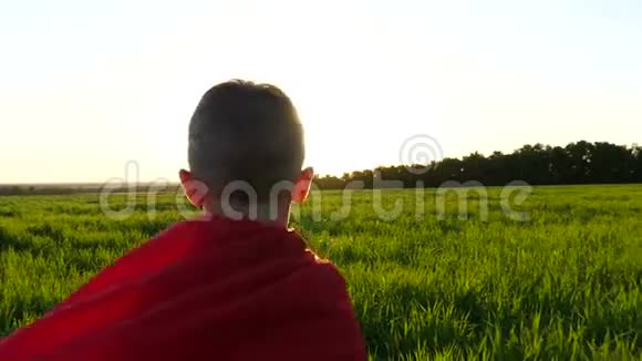日落时一个穿着红色雨衣的孩子穿着超级英雄的衣服穿过绿草镜头向上移动视频的预览图