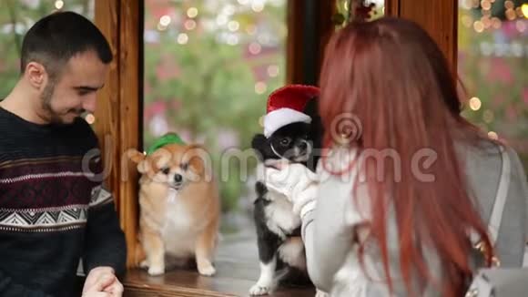 一对幸福夫妻的肖像他们有很多有趣的穿着圣诞老人帽子在可爱的狗圣诞心情视频的预览图