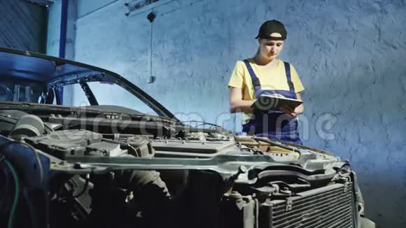 一名女机修工在一家汽车修理厂使用数字平板电脑视频的预览图