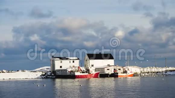 美丽的挪威冬季兰斯卡普与五颜六色的罗布和停泊在洛福顿群岛湾的渔船视频的预览图