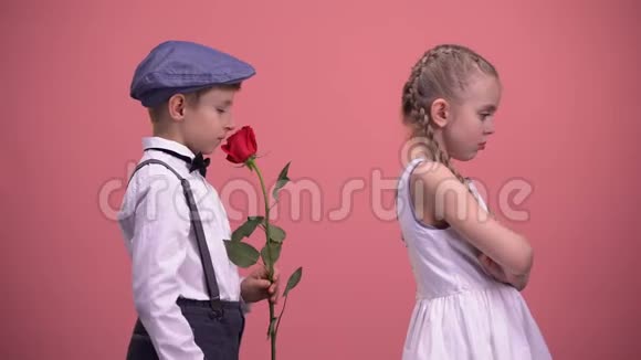 带着红玫瑰的男绅士向被冒犯的女朋友道歉初恋视频的预览图
