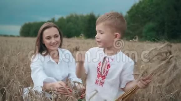 年轻的母亲和孩子儿子躺在麦田里拥抱着一起玩美丽的女人和小可爱的男孩在一起视频的预览图