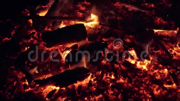 燃烧着火焰的篝火上的红色余烬视频的预览图