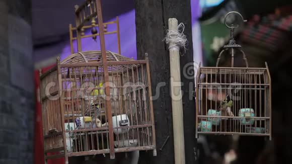 笼中鸟在街上出售的木制笼子里飞来飞去视频的预览图