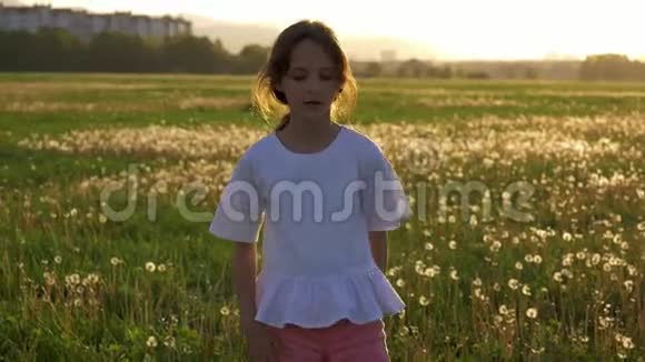 春假可爱的小女孩在田野里旋转和跳舞蒲公英玩得开心享受生活其余地点视频的预览图