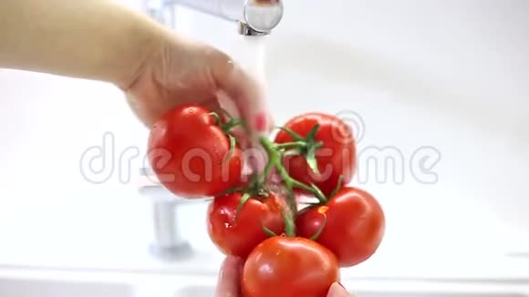 女人在水槽里的流水下洗手新鲜的红西红柿视频的预览图