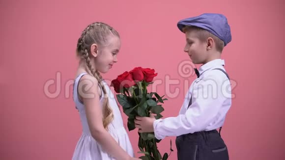 小绅士男孩向年轻女士献上玫瑰花束情人节视频的预览图