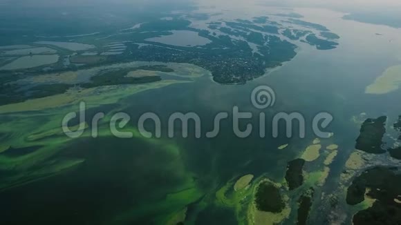 覆盖着绿藻的小岛的广阔水面视频的预览图