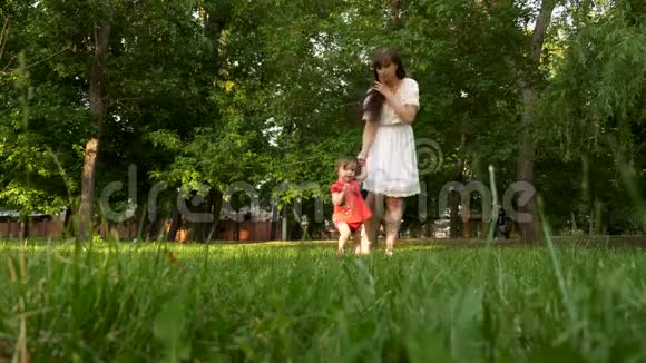 孩子手牵着妈妈在绿草上迈出第一步妈妈和小女儿一起散步夏天公园视频的预览图