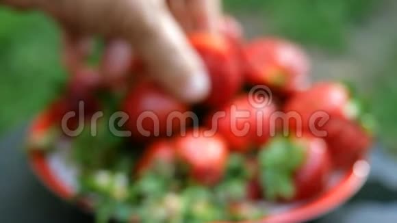 人类的手从盘子里拿出大片红色成熟的草莓并展示它的特写视频的预览图