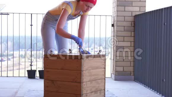 园艺和园艺露台上的妇女正在画木箱种植视频的预览图