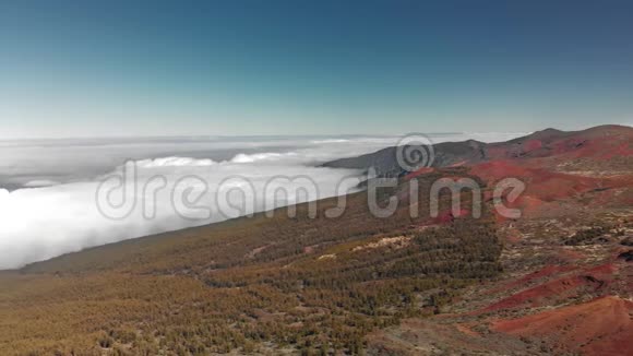 空中射击在一片松针的高原森林和一座红色的火山的背景下在云层之上飞翔视频的预览图