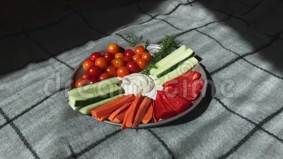 黄瓜胡椒胡萝卜青菜樱桃西红柿放在盘子的中央视频的预览图