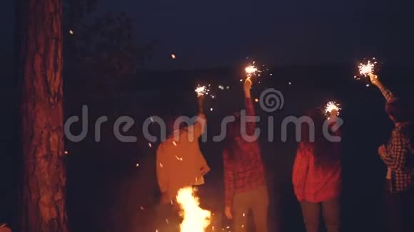 在湖边的森林中男性和女性旅行者在夜间手持孟加拉灯和移动手臂动作缓慢视频的预览图