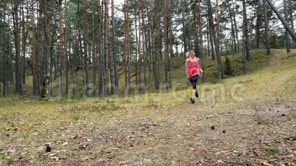 晨练跑森林小径的年轻女子视频的预览图