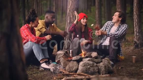 快乐的男女朋友正在营地里吃着温暖的棉花糖围着火堆坐着吃着视频的预览图