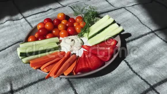黄瓜胡椒胡萝卜青菜樱桃西红柿等切好的蔬菜放在盘子的中间视频的预览图
