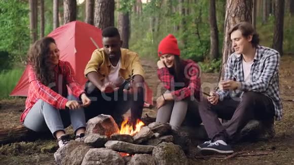 年轻的男女旅行者围着火堆坐着讲故事大笑帅哥在扔柴视频的预览图