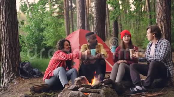 无忧无虑的游客在帐篷附近的森林里品尝着热饮然后喝着火视频的预览图