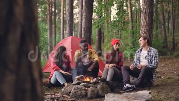 快乐的女孩和男人徒步旅行者会说会笑坐在篝火旁分享故事玩得开心视频的预览图