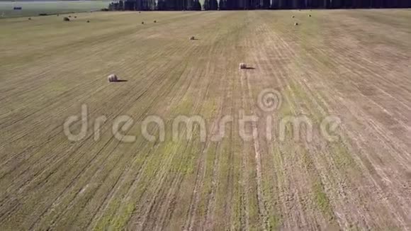 飞行摄像头下降到田野与包装干草卷附近的道路视频的预览图