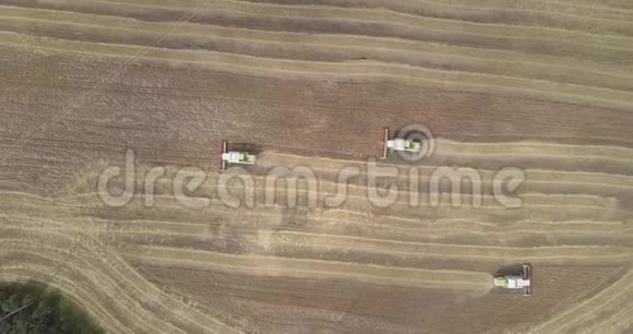 上景新收割机在大片土地上收割成熟的谷物视频的预览图