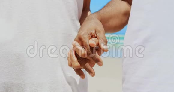 中段浪漫活跃的老年非裔美国夫妇在海滩上牵手4k视频的预览图