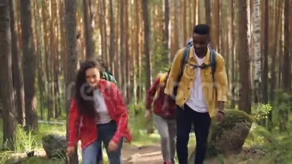穿着休闲服装的快乐年轻人在森林中漫步谈笑风生地享受大自然视频的预览图